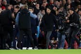 Mikel Arteta manager of Arsenal shakes hands with Eddie Howe manager of Newcastle United