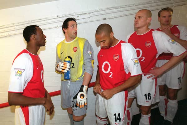(L-R) Patrick Vieira, Rami Shaaban, Thierry Henry, Pascal Cygan and Dennis Bergkamp (Photo by Stuart MacFarlane/Arsenal FC via Getty Images)