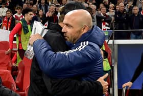  Jurgen Klopp manager of Liverpool embracing the Alfred Schreuder manager of AFC Ajax the UEFA Champions League group A match between AFC Ajax and Liverpool FC at Johan Cruyff Arena on October 26, 2022 in Amsterdam, Netherlands. (Photo by Andrew Powell/Liverpool FC via Getty Images)
