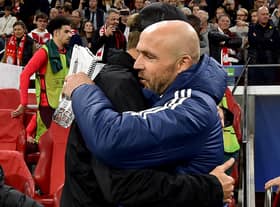  Jurgen Klopp manager of Liverpool embracing the Alfred Schreuder manager of AFC Ajax the UEFA Champions League group A match between AFC Ajax and Liverpool FC at Johan Cruyff Arena on October 26, 2022 in Amsterdam, Netherlands. (Photo by Andrew Powell/Liverpool FC via Getty Images)
