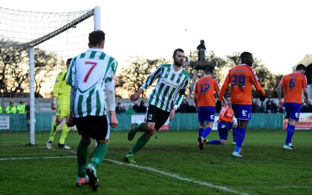 Robbie Dale opens the scoring as Blyth Spartans take the lead against Birmingham City in an FA Cup third round tie in January 2015 (Getty Images)
