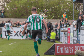 Blyth Spartans celebrate their late equaliser in the FA Cup fourth qualifying round tie against Wrexham (photo - Paul Scott)