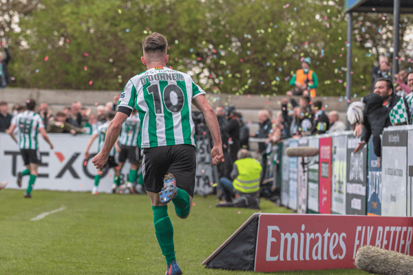 Blyth Spartans celebrate their late equaliser in the FA Cup fourth qualifying round tie against Wrexham (photo - Paul Scott)