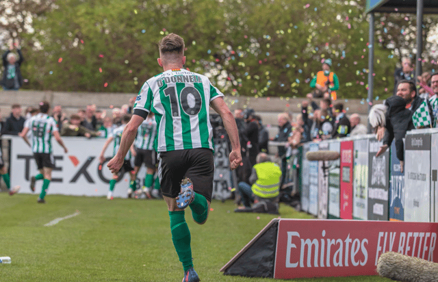 Blyth Spartans celebrate their late equaliser in the FA Cup fourth qualifying round tie against Wrexham (photo - Paul Scott)
