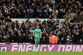 Nick Pope celebrates Newcastle United’s victory following a penalty shoot out in the Carabao Cup Third Round tie with  (Photo by Stu Forster/Getty Images)
