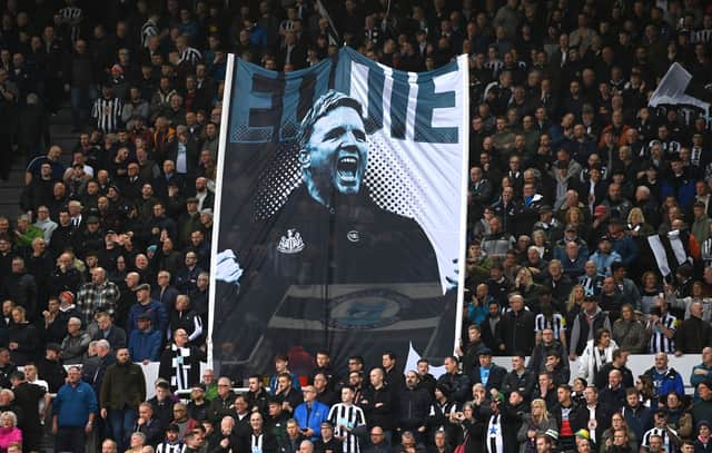 A flag in the Gallowgate in honour of Head Coach Eddie Howe during the Premier League match between Newcastle United and Aston Villa  (Photo by Stu Forster/Getty Images)