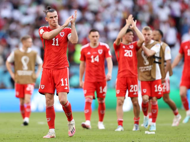 Gareth Bale of Wales applauds fans after the 0-2 loss during the FIFA World Cup Qatar 2022 Group B match between Wales and IR (Photo by Julian Finney/Getty Images)