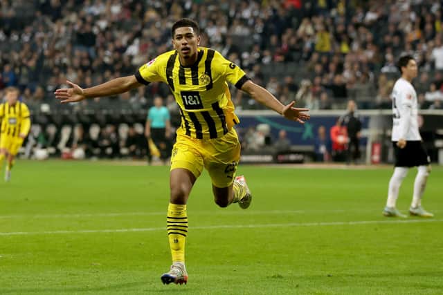 Jude Bellingham of Dortmund celebrates after scoring his teams second goal during the Bundesliga match between Eintracht Frankfurt (Photo by Lars Baron/Getty Images)