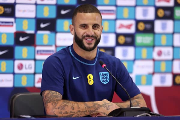  Kyle Walker speaks during an England press conference at Al Wakrah Stadium on December 07  (Photo by Alex Pantling/Getty Images)