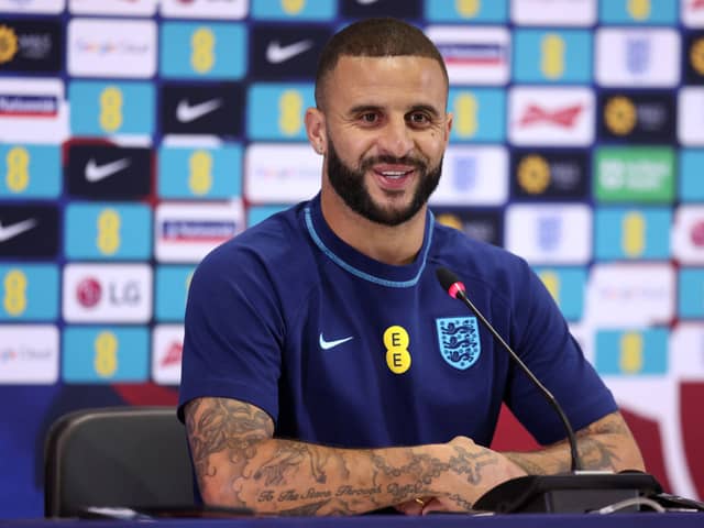  Kyle Walker speaks during an England press conference at Al Wakrah Stadium on December 07  (Photo by Alex Pantling/Getty Images)
