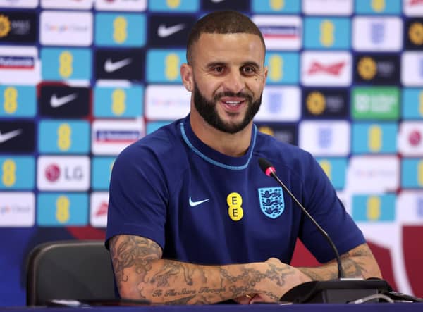  Kyle Walker speaks during an England press conference at Al Wakrah Stadium on December 07  (Photo by Alex Pantling/Getty Images)