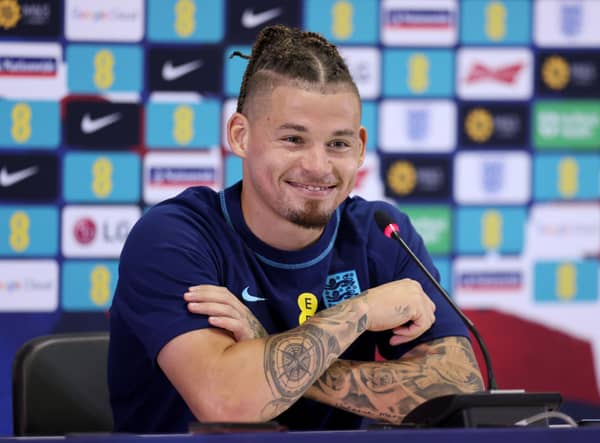  Kalvin Phillips speaks during an England press conference at Al Wakrah SC Stadium on December 08, 2022 in Doha, Qatar . (Photo by Alex Pantling/Getty Images)