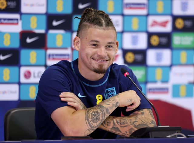  Kalvin Phillips speaks during an England press conference at Al Wakrah SC Stadium on December 08, 2022 in Doha, Qatar . (Photo by Alex Pantling/Getty Images)