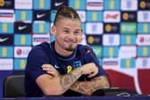  Kalvin Phillips speaks during an England press conference at Al Wakrah SC Stadium on December 08, 2022 in Doha, Qatar . (Photo by Alex Pantling/Getty Images)