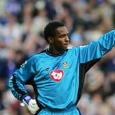 Shaka Hislop organises his defence during the Barclays Premiership match between Norwich City and Portsmouth  (Photo by Jamie McDonald/Getty Images)