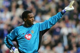 Shaka Hislop organises his defence during the Barclays Premiership match between Norwich City and Portsmouth  (Photo by Jamie McDonald/Getty Images)