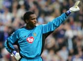 Shaka Hislop organises his defence during the Barclays Premiership match between Norwich City and Portsmouth  (Photo by Jamie McDonald/Getty Images)