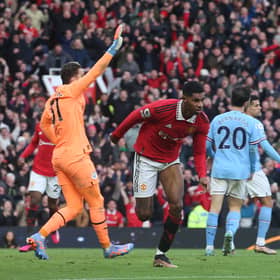 Marcus Rashford celebrates scoring Manchester United’s second goal in their win over local rivals Manchester City (Photo by Matthew Peters/Manchester United via Getty Images)