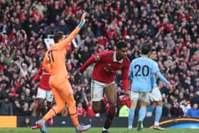 Marcus Rashford celebrates scoring Manchester United’s second goal in their win over local rivals Manchester City (Photo by Matthew Peters/Manchester United via Getty Images)