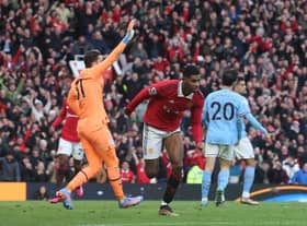 Marcus Rashford celebrates scoring Manchester United’s second goal in their win over local rivals Manchester City (Photo by Matthew Peters/Manchester United via Getty Images)