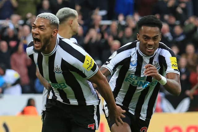 Newcastle United midfielders Joelinton and Joe Willock. (Photo by LINDSEY PARNABY/AFP via Getty Images)
