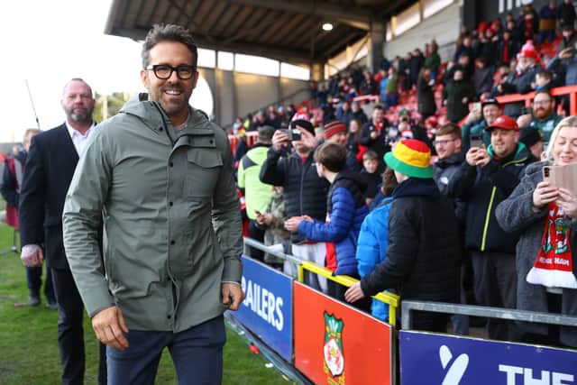 WREXHAM, WALES - JANUARY 29: Ryan Reynolds, Co-Owner of Wrexham  pitchside ahead of the Emirates FA Cup Fourth Round match between Wrexham and Sheffield United at Racecourse Ground on January 29, 2023 in Wrexham, Wales. (Photo by Michael Steele/Getty Images)