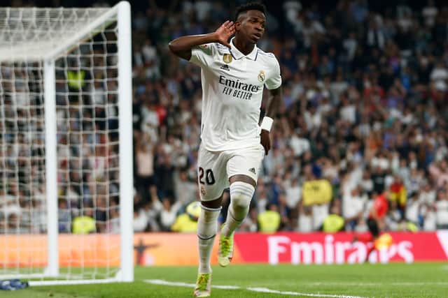 Vinicius Junior celebrates his goal against Villarreal on Saturday