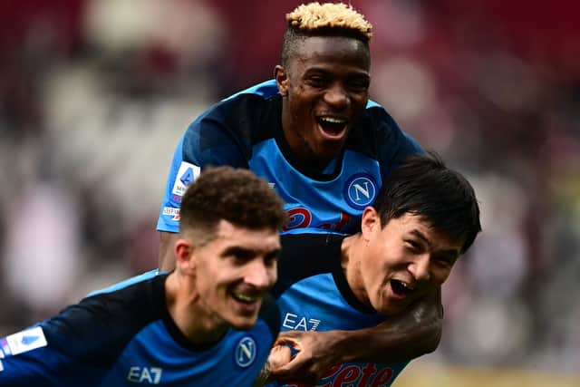 Victor Osimhen celebrates with his team-mates after defeating Torino in March