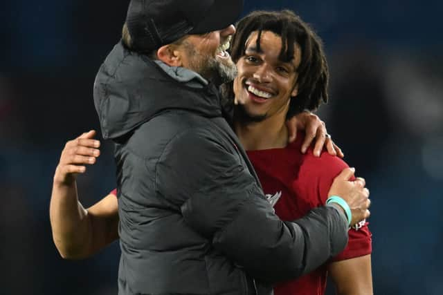 Jurgen Klopp manager of Liverpool  with Trent Alexander-Arnold of Liverpool after  the Premier League match against Leeds United. Image: Andrew Powell/Liverpool FC via Getty Images