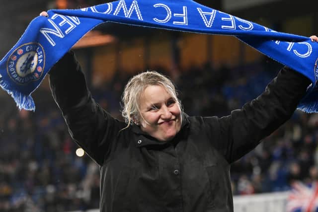 Chelsea manager Emma Hayes celebrates her side’s extraordinary win over Lyon in the quarter-finals.
