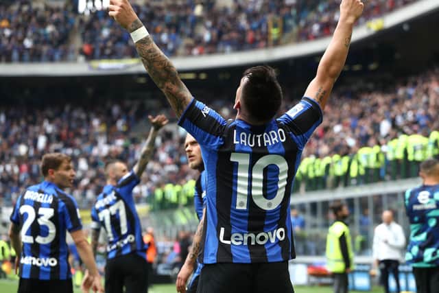 Lautaro Martínez celebrates scoring Inter Milan’s third goal against Lazio