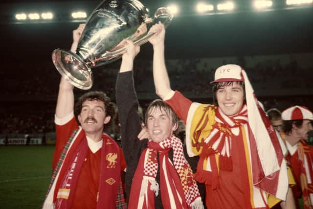 Souness celebrates winning the European Cup in 1981 with Kenny Dalglish and Alan Hansen.
