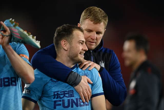Newcastle United winger Ryan Fraser with head coach Eddie Howe last season.