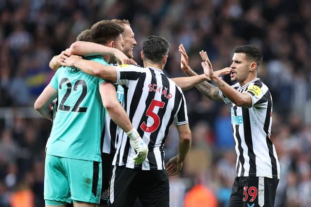 Newcastle United goalkeeper Nick Pope, far left, celebrates after the Leicester City game.