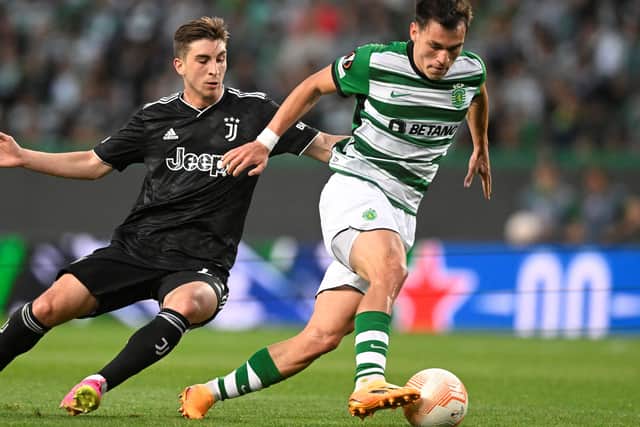Ugarte blasts past Juventus’ Fabio Miretti during the Europa League quarter-finals.