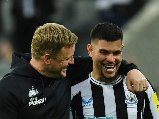 Newcastle United head coach Eddie Howe and midfielder Bruno Guimaraes late last season. (Pic: Getty Images)