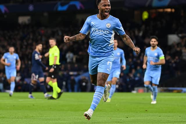 Raheem Sterling of Manchester City celebrates after scoring a goal
