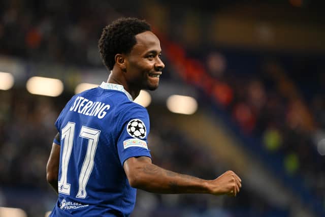 Raheem Sterling celebrates scoring a goal for Chelsea