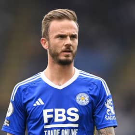 James Maddison of Leicester looks on during the Premier League match between Leicester City  (Photo by Michael Regan/Getty Images)
