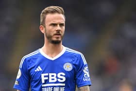James Maddison of Leicester looks on during the Premier League match between Leicester City  (Photo by Michael Regan/Getty Images)