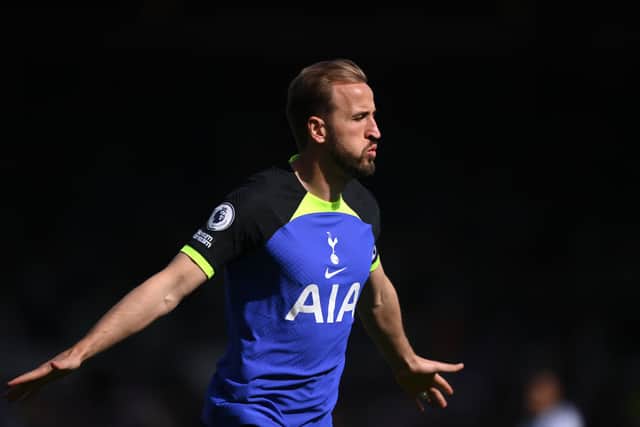 Spurs striker Harry Kane celebrates after scoring the first goal during the Premier League match (Photo by Stu Forster/Getty Images)