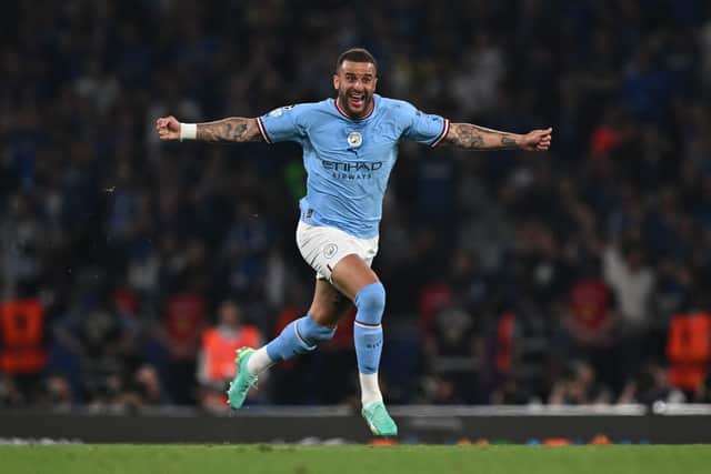 Manchester City's English defender #2 Kyle Walker celebrates winning the UEFA Champions League final football match (Photo by PAUL ELLIS/AFP via Getty Images)