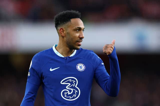 Pierre-Emerick Aubameyang of Chelsea gestures during the Premier League match (Photo by Alex Pantling/Getty Images)