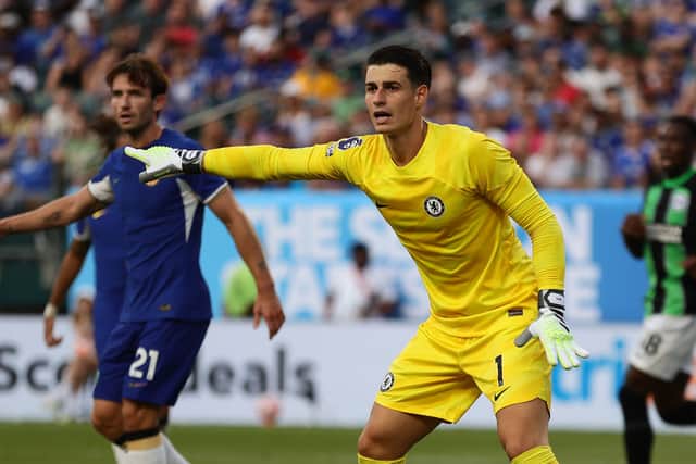 : Kepa Arrizabalaga #1 of Chelsea directs his team during the second half of the pre season (Photo by Tim Nwachukwu/Getty Images)
