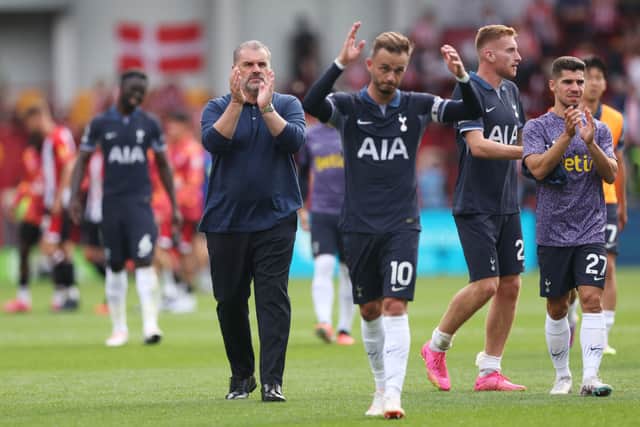 Tottenham manager Ange Postecoglou and his players applaud the crowd following their Premier League fixture against Brentford. Spurs will host Manchester United at the Tottenham Hotspur Stadium on Saturday evening, and will be hoping to pick up their first win of the new campaign - check out our predicted line-up below.