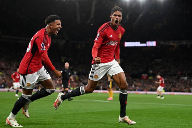Raphael Varane celebrates his goal against Wolves