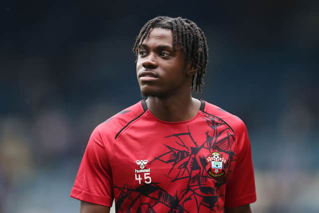 Romeo Lavia of Southampton looks on during his warm up prior to the Sky Bet Championship match Romeo Lavia of Southampton looks on during his warm up prior to the Sky Bet Championship match
