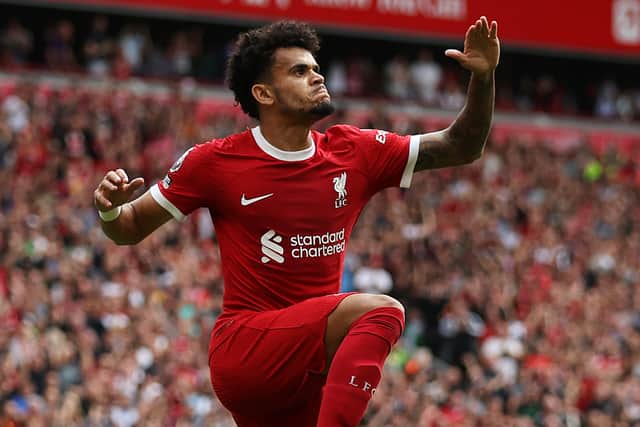 Luis Diaz of Liverpool celebrates after scoring the team's first goal during the Premier League match between Liverpool FC and AFC Bournemouth at Anfield on August 19, 2023 in Liverpool, England. (Photo by George Wood/Getty Images)