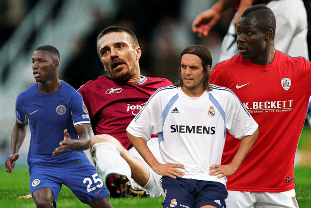 A composite image of Chelsea’s Moises Caicedo alongside Tomas Repka, Jonathan Woodgate, and Emmanuel Frimpong. Caicedo endured a debut to forget for the Blues on Sunday against West Ham, but is far from alone in being the only professional football to suffer a nightmarish first outing for a new club.