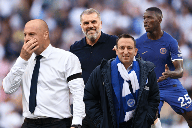 A composite image of Everton manager Sean Dyche, Tottenham manager Ange Postecoglou, Brighton chief Tony Bloom, and Chelsea midfielder Moises Caicedo. The Rebound is a weekly column looking back on all of the latest Premier League action, this week including Everton, Tottenham, and Chelsea.